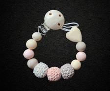 Baby Dummy Clip Pacifier Chain Silicone Wooden Crochet Newborn PINK/BEIGE
