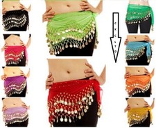 3 ROWS Belly dance costume belt skirt hip wrap outfit gold coin bead scarf