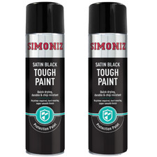Simoniz Satin Black Tough Paint Spray Aerosol Smooth Finish Quick Dry 500ml x2