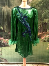 Deluxe Drag Queen  Green foil SHORT Dress with  Green Feathers    size:16/18