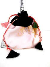 Pouch Bag Japanese Pink Satin Drawstring Kimono Fabric Tassels Floral Vintage