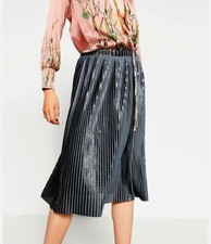 Zara Gorgeous Pewter Metallic Pleated Midi Skirt Christmas / Party Size L New