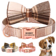 Soft Cotton Personalised Dog Collar Cute Bow Tie Pet Name Number Engraved Plaid