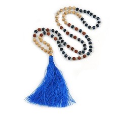 Long Wood, Glass, Seed Beaded Necklace with Silk Tassel (Nude, Blue, Brown) -