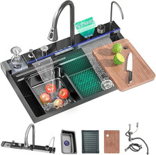 LED Inset Kitchen Sink Set Stainless Steel Single Bowl with Mixer Tap Waste Kits