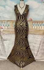 Gatsby Dress 12 14 Black Gold Sequin Evening Fishtail 20s 30s Deco Ballgown Maxi