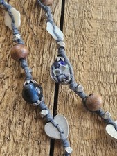 Fat Face Blue Glass Bead Wood & Heart Long Necklace Pre Owned