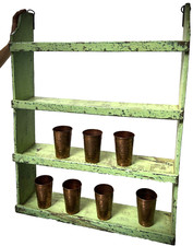 VINTAGE INDIAN SHELVING UNIT ART DECO DISTRESSED LIME GREEN & PRUSSIAN BLUE TEAK