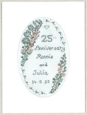 Silver Wedding Anniversary large card - cross stitch kit on 16 pale blue aida