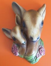 Vintage Retro 1940-50s Deer Fawn Bambi Chalkware Head Wall Plaque Flowers Kitsch