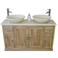 Oak Bathroom Vanity Cabinet Double Twin Sink Bowl Basin & Cream Marble Unit 402