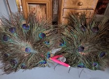 2 x Vintage Peacock Feather Hand Fan, Colourful Handle, Decorative Display 