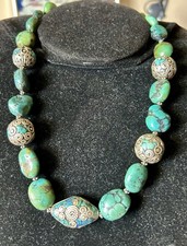 Old Tibetan Turquoise Bead Necklace with Turquoise Inlaid Beads Silver Clasp 18”