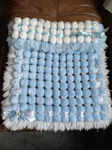 Handmade pompom blanket blue - pompom,