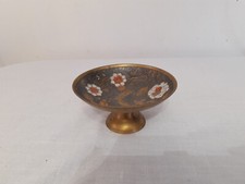 Vintage Brass Bowl Enameled Floral Art Metal Footed Dish Trinket Coin Bowl