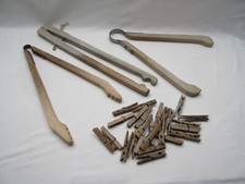 3 vintage  weathered wooden laundry wash washing tongs clothes pegs prop display