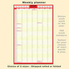 2026 Weekly Wall Planner Calendar ISO week numbers 5 sizes 10 colours, roll/fold