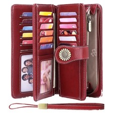 New Women Long Handheld RFID Wallet Large Capacity Card Flower Button Money Clip