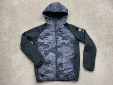 Crosshatch Men's L Hooded Storm Hybrid Padded Jacket Grey Camo black Pit-pit 22"