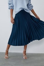 new teal blue Satin ZARA Pleated Midi Skirt XS size 6 8
