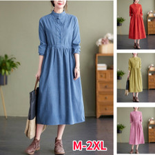 Ethnic Women Corduroy Dress Retro Asian Midi Frog Button Long Sleeve Casual