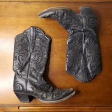 Stetson Handmade black Leather Cutout/Inlay design Western Boots 7.5 B cowboy