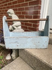Antique Primitive Wood Tote ,Toolbox,Carrier ,Old Blue Grey Paint, Farmhouse Box