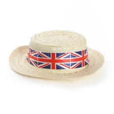 UNION JACK STRAW BOATER HAT WITH RIBBON VE DAY ADULTS FANCY DRESS ACCESSORY