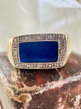 Vintage 9ct Gold LAPIS LAZULI & Diamond Solitaire SIGNET RING Size Y