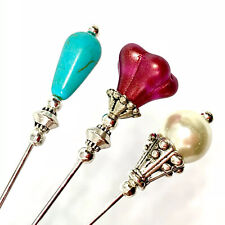Beautiful  Hat Pins X3 Vintage Antique Silver Style 3" & Pin Protector