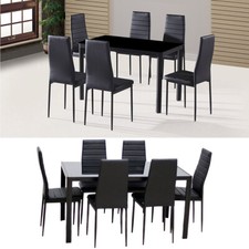 For Dinning Room Kitchen Dining Set Metal Black Glass Table Chairs Faux Leather