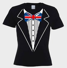 TUXEDO UNION JACK BOW LADIES T-SHIRT - Hen Party Do Fancy Dress Tux