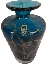 Mdina Glass Malta Blue and Gold Decorative Vase Handblown Art Glass with sticker