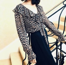 Lily and Lionel Animal Print Ruffle Collar  Neck Tie Blouse top size L