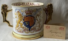 Large Paragon Queen Elizabeth II 1953 Coronation Gilt Lion Handled Loving Cup.