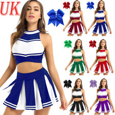 UK Womens Cheer Costume Outfits Sleeveless Crop Top with Skirt Headwear Uniform