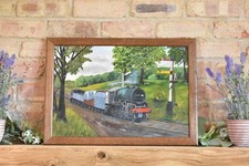 Large Framed Steam Train Oil Painting on Board Locomotive (J)
