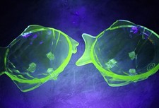 Set Of 2 Rare Uranium Glass Fish Dish Stolzle Czech Glass Bowl Green 15cm x 14cm