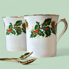 Vintage Queen's Rosina Yuletide Coffee Cups Pair | Christmas Fine Bone China