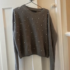 Womens Knit Look Jumper- Size 14 Grey With Pearl Design. Good Condition