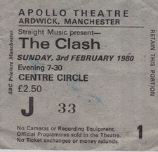 THE CLASH '16 TONS TOUR' TICKET STUB MANCHESTER APOLLO THEATRE SUNDAY 03/02/1980