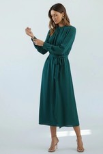 REISS Phoenix Pleated Long Sleeve Midi Dress in Green