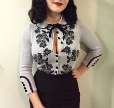 Wheels & Dollbaby Dita Von Teese Cardigan Size Small Embroidered Silver Soirée