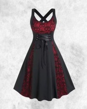 New Red/Black Gothic Skull Lace Corset Waist Cross Strap Dress size 2XL 20 22 24