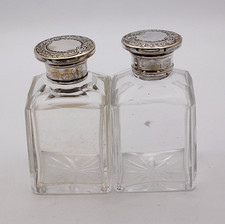 Silver Plated Pair of Perfume Bottles - Mid Victorian-  Ladies Vanity Case (F)