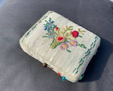 Vintage Hand Embroidered roses square Pin Cushion with 17 pins 13cm