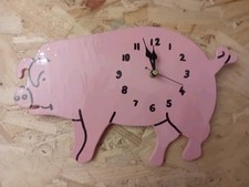 New Unique Pink Pig Clock Gift Wooden Handmade Hand Painted 32x19cm For Any Room