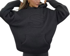 Oversized Chunky Knit Hoodie with Embossed 'S' Long sleeves hoodie sweatshirt
