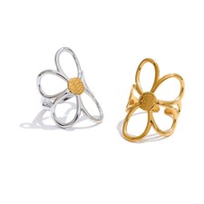 Womens Stainless Steel Flower Full Finger Ring Adjustable Jewellery