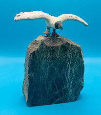 Vintage Cornish green Serpentine Stone ormament With cold Cast painted seagull.